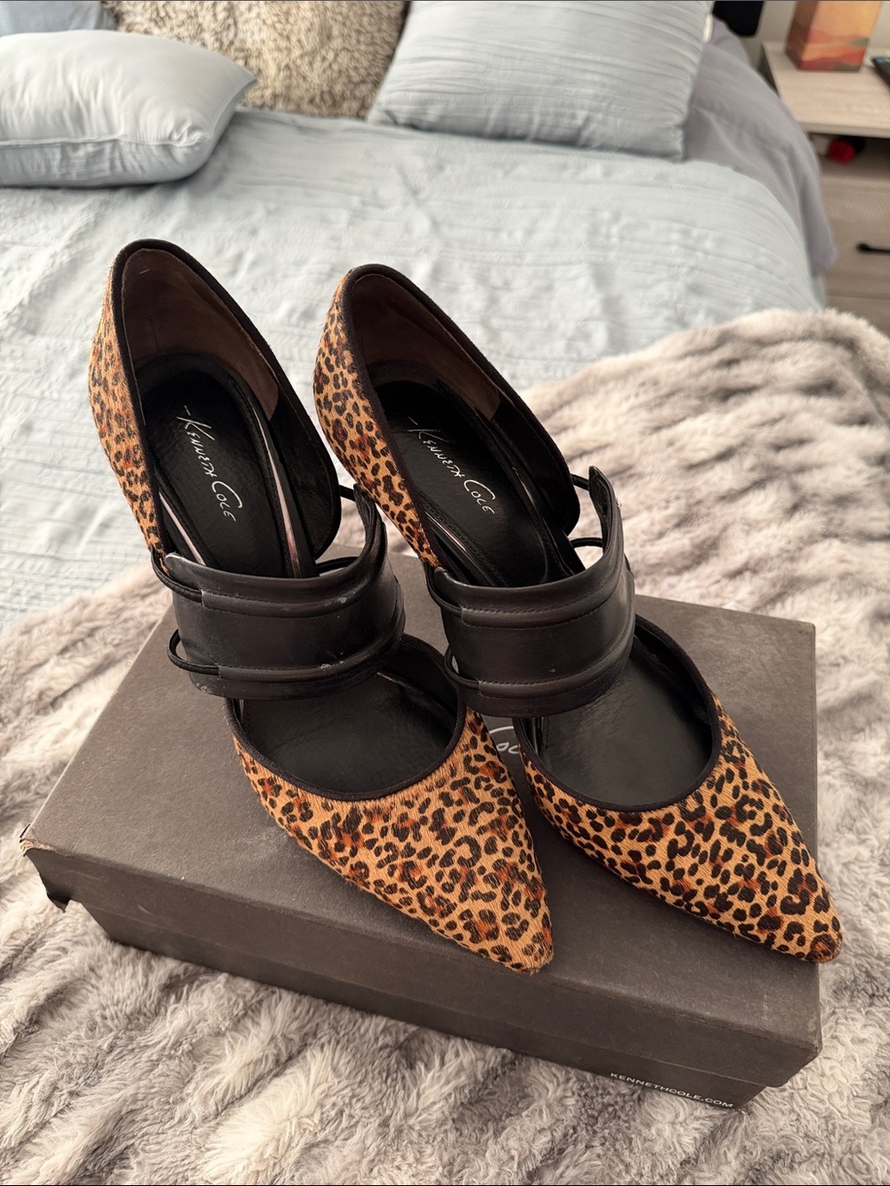 Kenneth Cole Leopard Print Pointed Toe Heels in Brown